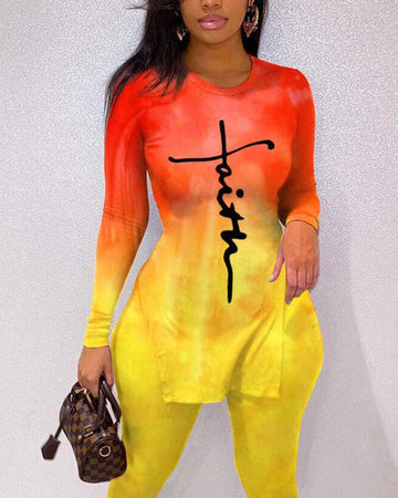 Ombre Letter Pattern Long Sleeve Split Hem Top Pants Set