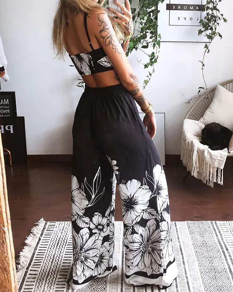 TWISTED FRONT FLORAL PRINT CROP TOP WIDE LEG PANTS SET