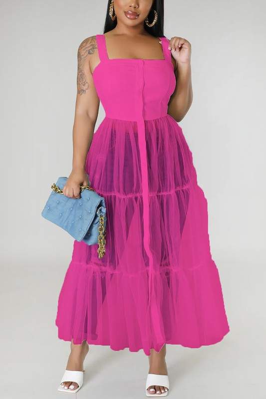 SLEEVELESS TWO TONE MESH LONG DRESS