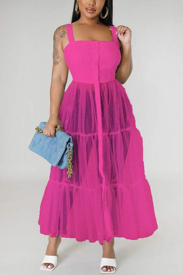 SLEEVELESS TWO TONE MESH LONG DRESS
