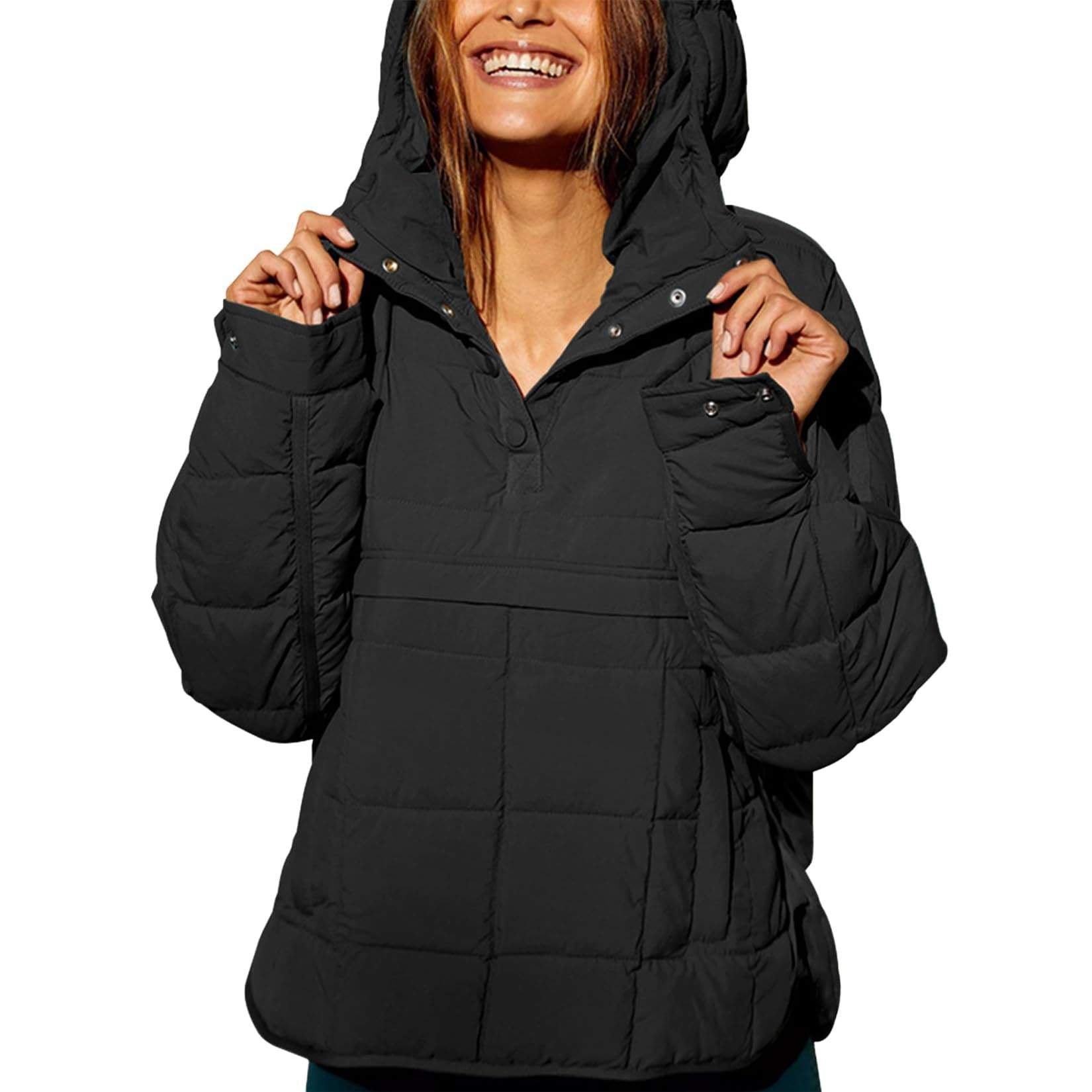 SOLID COLOR HOODED COTTON PADDED FOLDABLE PADDED PULLOVER POCKET LONG SLEEVE COAT FOR WOMEN
