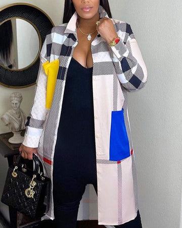 Plaid Print Patch Pocket Button Up Longline Shacket