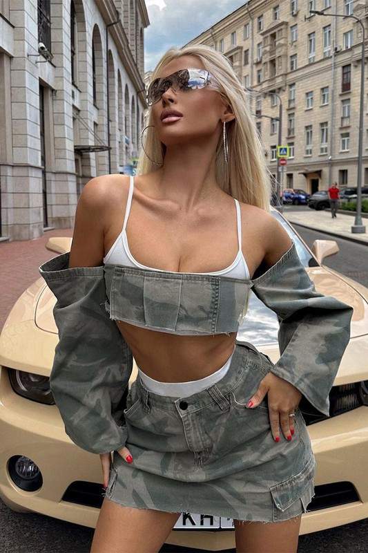 CAMO DISTRESSED TUBE TOP AND MINI SKIRT SET