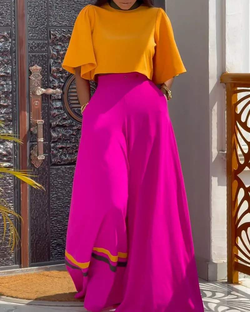 BELL SLEEVE CROP TOP WIDE LEG HIGH WAIST PANTS SET