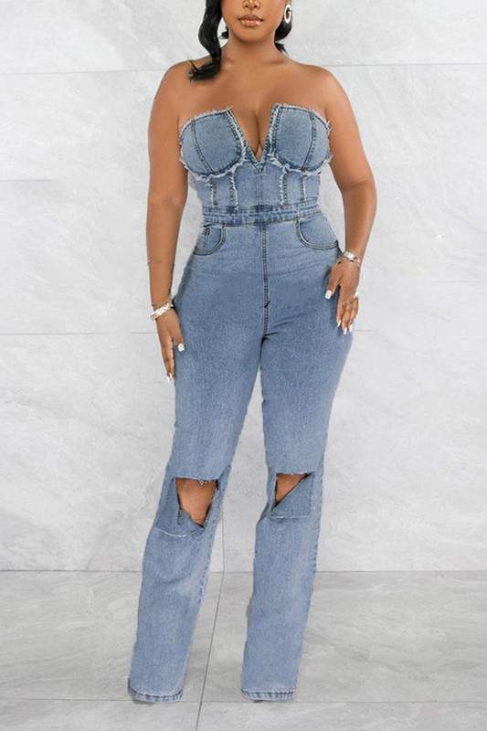 DISTRESSED DENIM JUMPSUITS