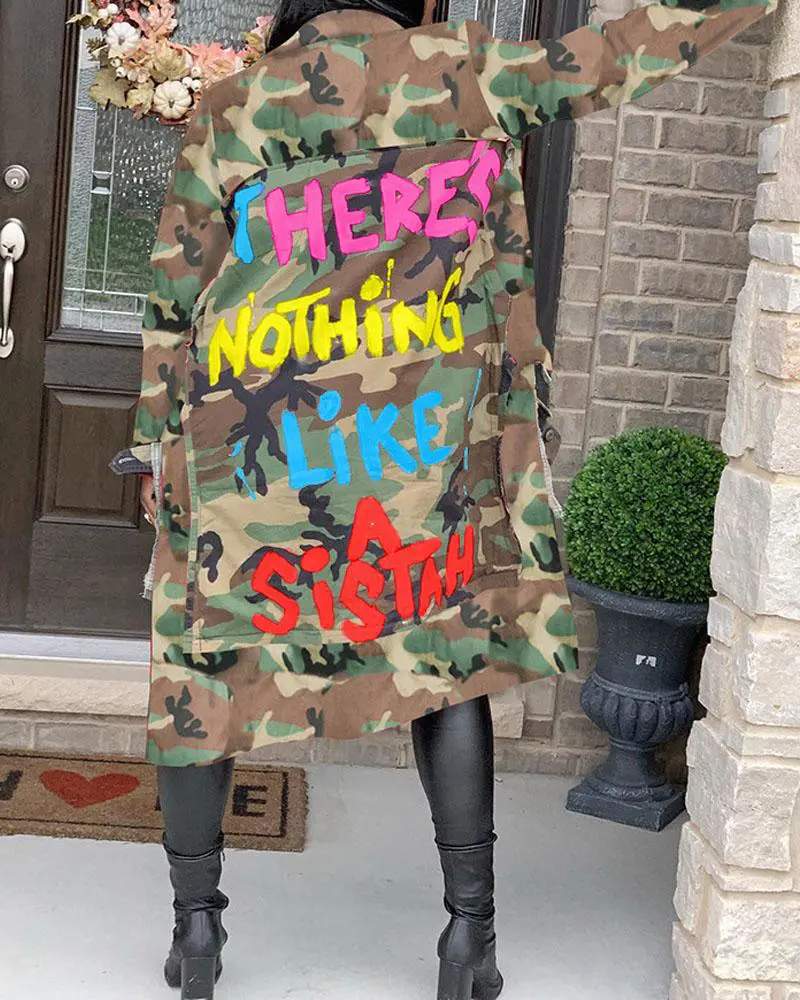 CAMO LETTER PRINT POCKET PATCH LONGLINE COAT