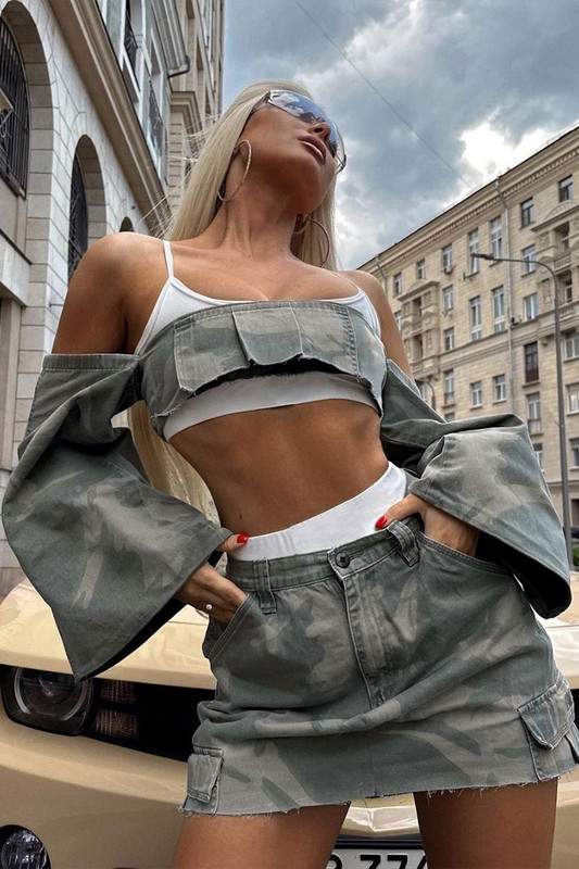 CAMO DISTRESSED TUBE TOP AND MINI SKIRT SET