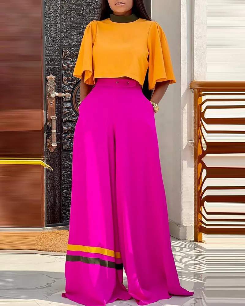 BELL SLEEVE CROP TOP WIDE LEG HIGH WAIST PANTS SET
