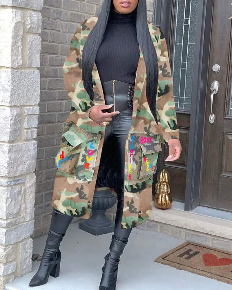 CAMO LETTER PRINT POCKET PATCH LONGLINE COAT