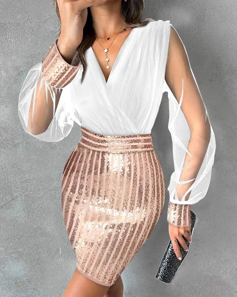 CONTRAST SEQUIN MESH PATCH PARTY DRESS