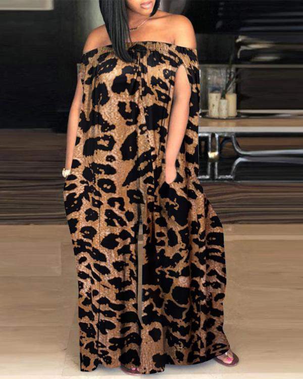 Leopard Off Shoulder Maxi Jumpsuit