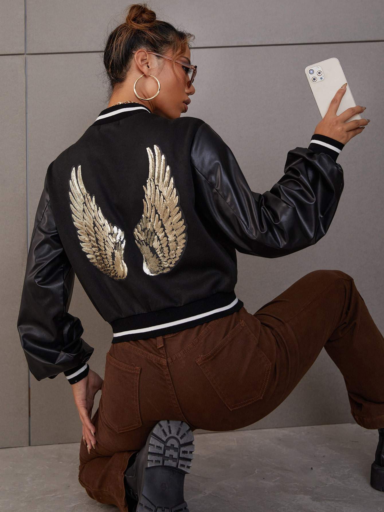 SEQUINS WINGS PATTERN STRIPED TRIM CROP BOMBER JACKET