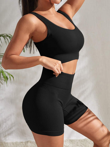 Ribbed Workout Set High-Waisted Shorts & Crop Top