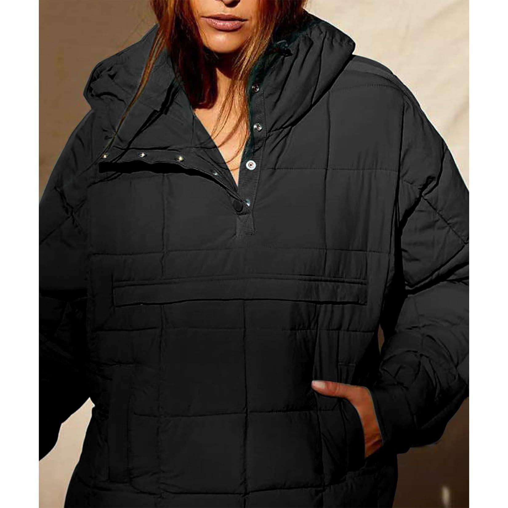 SOLID COLOR HOODED COTTON PADDED FOLDABLE PADDED PULLOVER POCKET LONG SLEEVE COAT FOR WOMEN