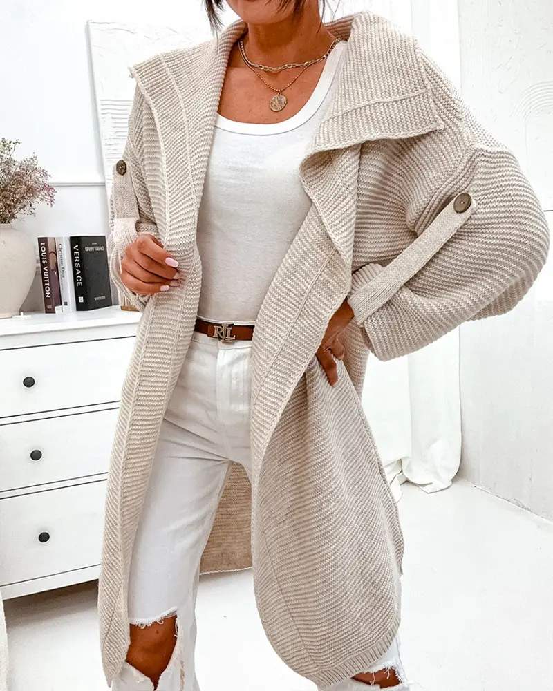 OPEN FRONT ROLL UP SLEEVE KNIT LONGLINE CARDIGAN