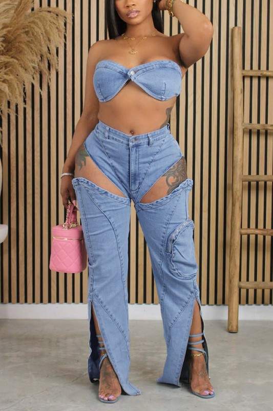 DENIM TUBE AND CUTOUT CARGO PANTS SET