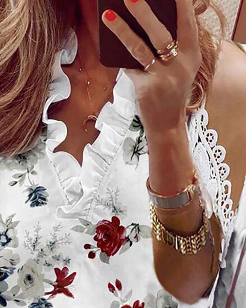 Cold Shoulder Floral Print Guipure Lace Top
