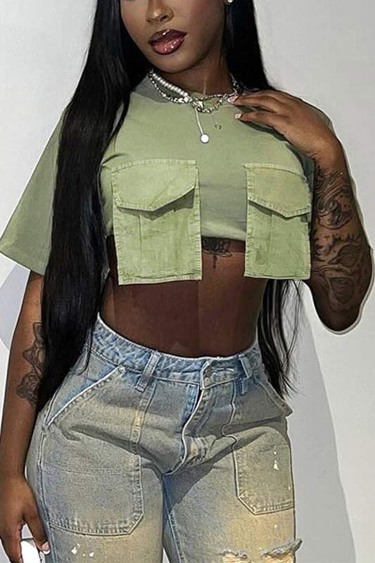 Crop Top, Casual Shirt, Two Pocket Tee