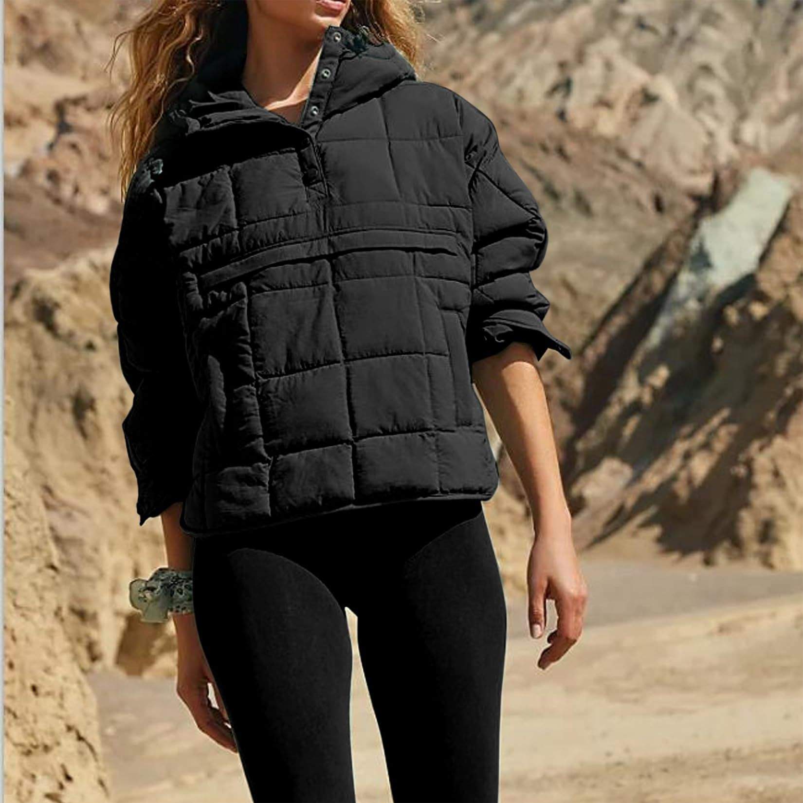 SOLID COLOR HOODED COTTON PADDED FOLDABLE PADDED PULLOVER POCKET LONG SLEEVE COAT FOR WOMEN