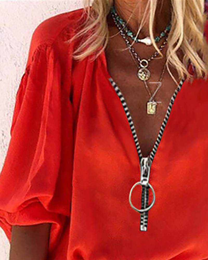 Lantern Sleeve Zipper Design Casual Top