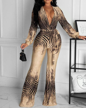 Deep V Neck Split Sleeve Belted Jumpsuit