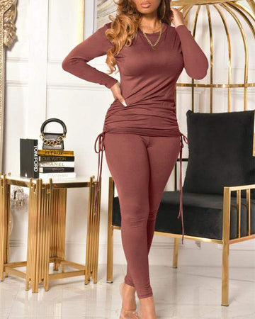 Drawstring Ruched Round Neck Long Sleeve Top Pants Set