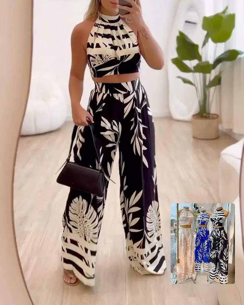 TROPICAL STRIPED CROP TOP WIDE LEG PANTS SET