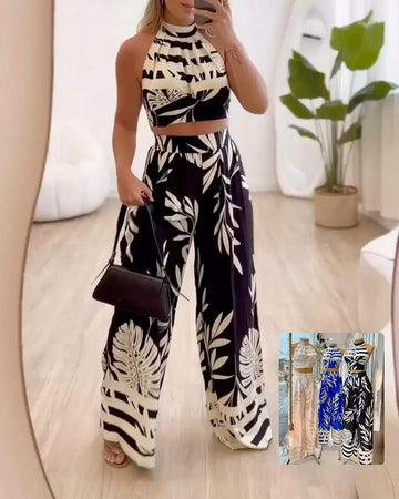 TROPICAL STRIPED CROP TOP WIDE LEG PANTS SET