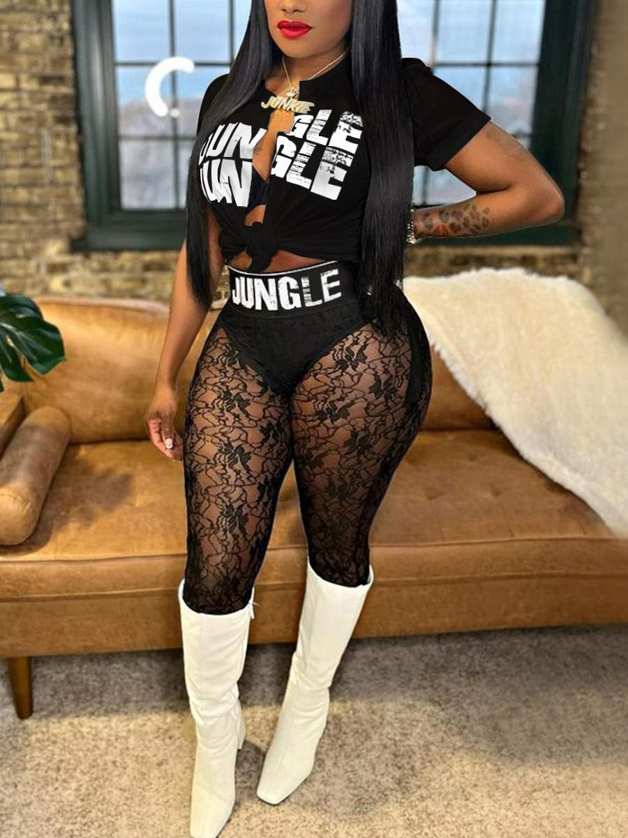 SXY LETTER PRINT SEE THROUGH SPLIT SHORTS SET