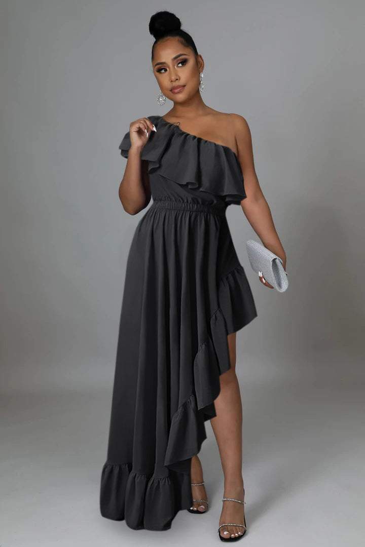 RUFFLED SLOPING SHOULDER SIDE SLIT PROM MAXI DRESSES