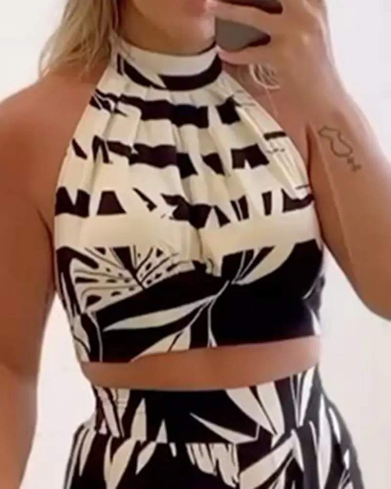TROPICAL STRIPED CROP TOP WIDE LEG PANTS SET