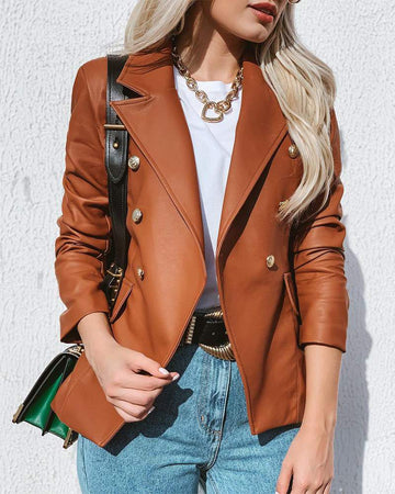 Double Breasted Pocket Design PU Leather Blazer Coat