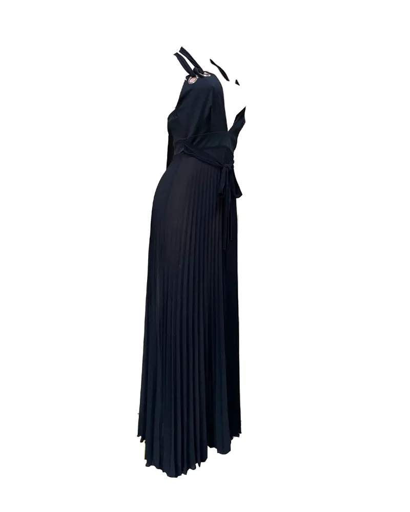 GROMMET EYELET HALTER PLEATED CHIFFON MAXI DRESS
