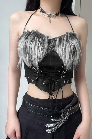 FUR DENIM BUSTIER TOP