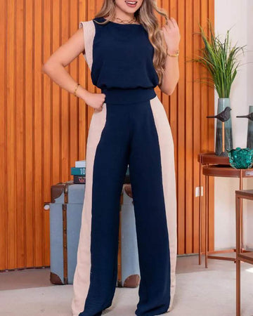 COLORBLOCK ROUND NECK TOP WIDE LEG PANTS SET