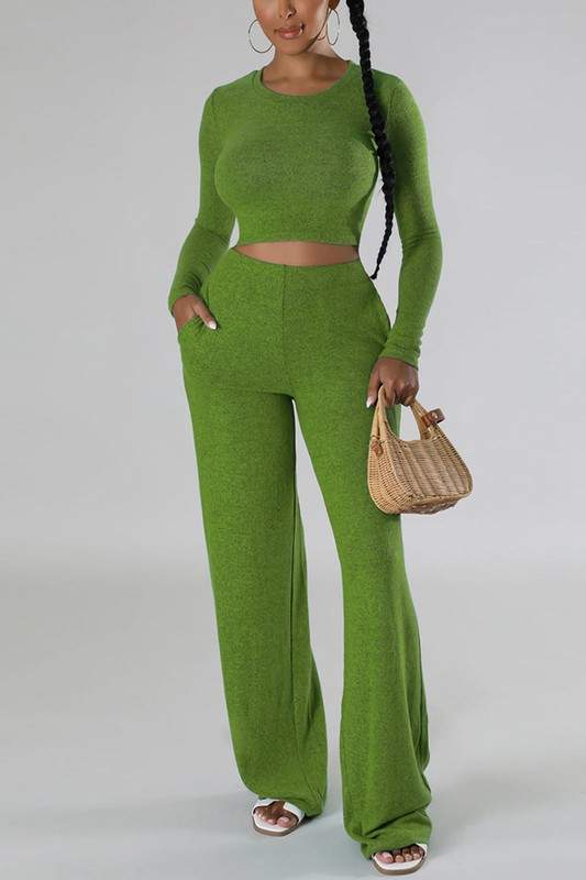 CROP SOLID TOP AND PANTS SET