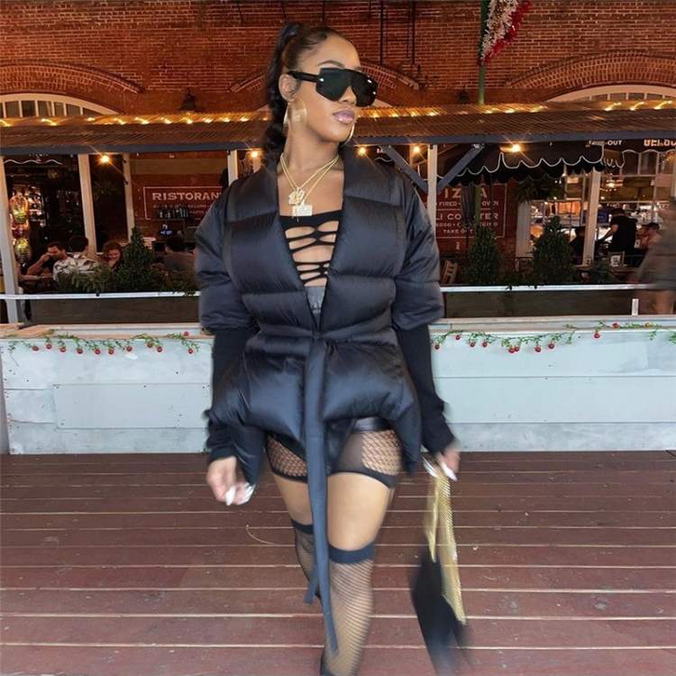DESIGNER BLACK WINTER V NECK TIE WRAP DOWN COATS