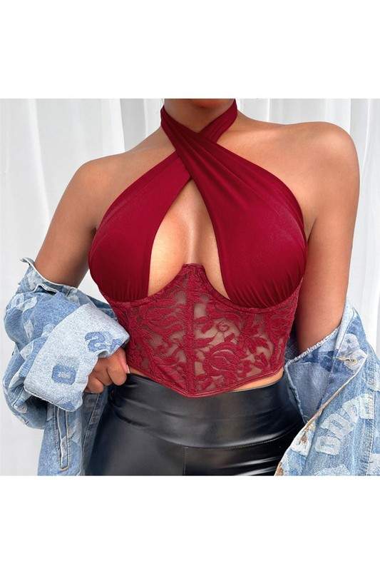 Summer Lace Crop Top, Stylish Halterneck