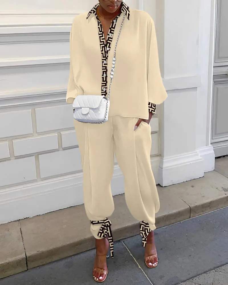GEOMETRIC PRINT LONG SLEEVE BUTTON DOWN SHIRT PANTS SET
