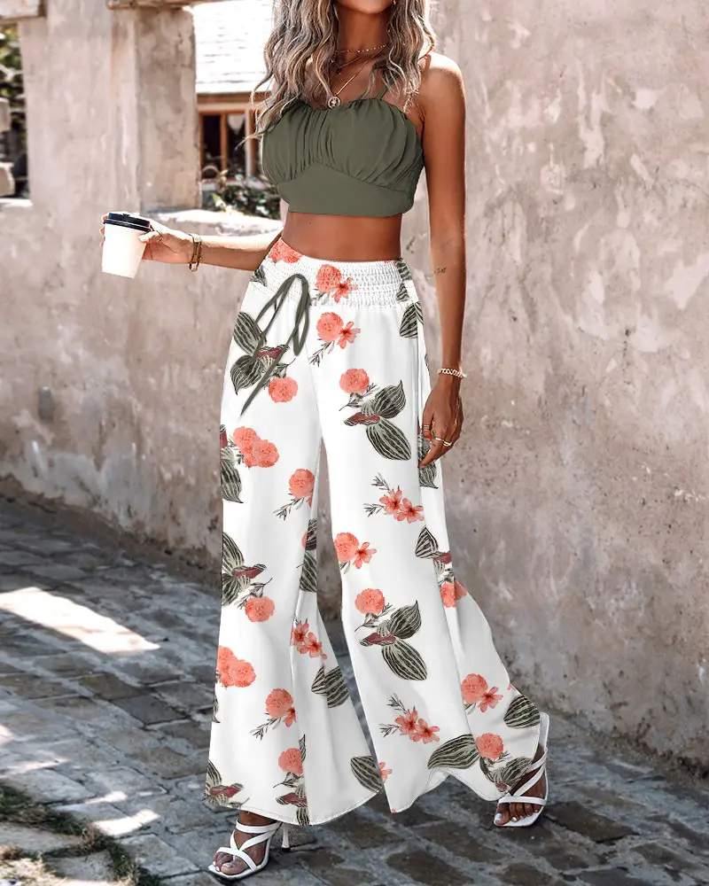 SHIRRED CAMI TOP TROPICAL PRINT PANTS SET