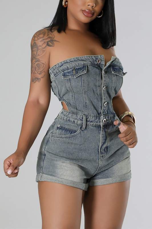 STRAPLESS DENIM ROMPERS