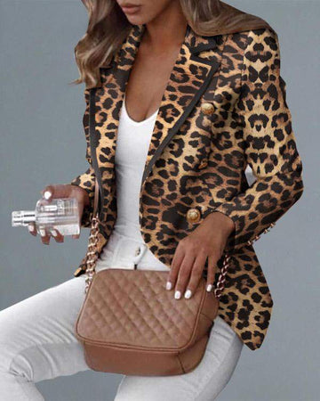 Leopard Print Notched Collar Double Breasted Blazer Coat