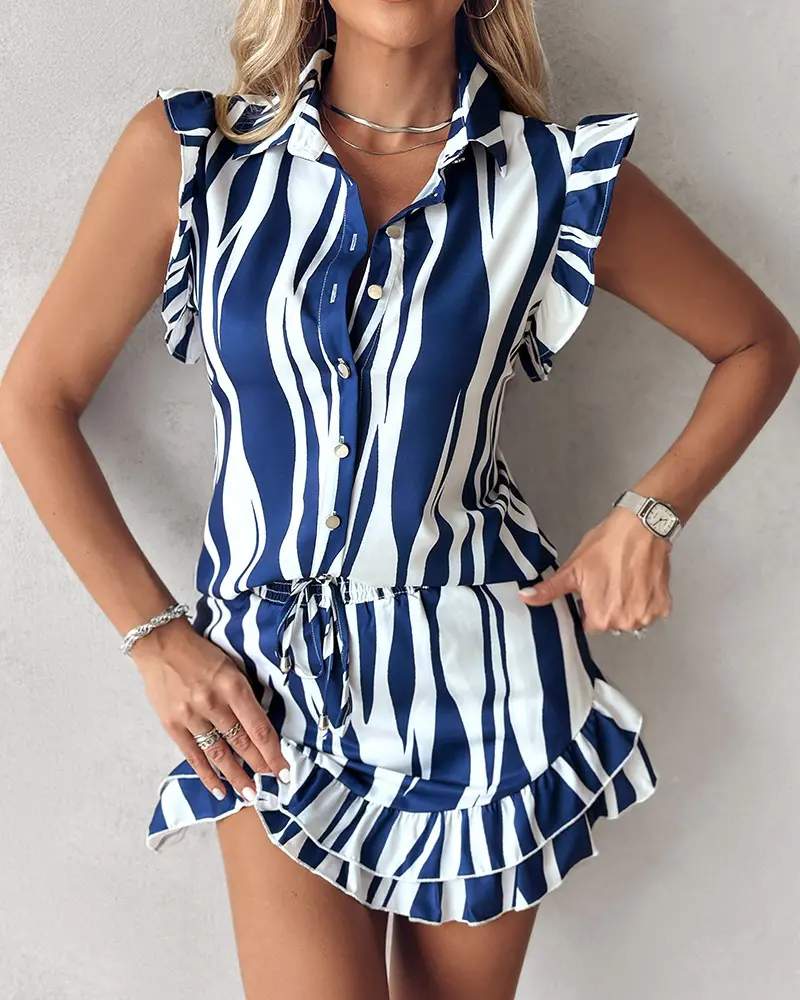STRIPED FLUTTER SLEEVE BUTTONED SHIRT RUFFLES SKORTS SET
