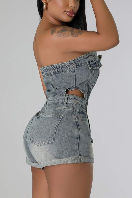 STRAPLESS DENIM ROMPERS