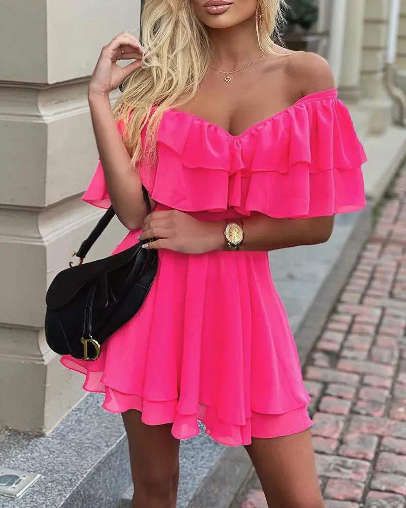 OFF SHOULDER RUFFLE FIT FLARE DRESS