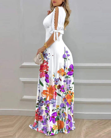 FLORAL PRINT SPLIT SLEEVE PEARLS DECOR MAXI DRESS