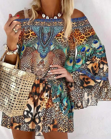 OFF SHOULDER ANIMAL LEOPARD PRINT LONG SLEEVE DRESS