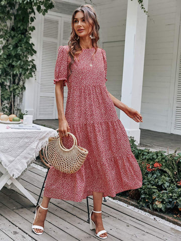 VCAY LEAF PRINT ROUND NECK SUMMER CASUAL HOLIDAY DRESS