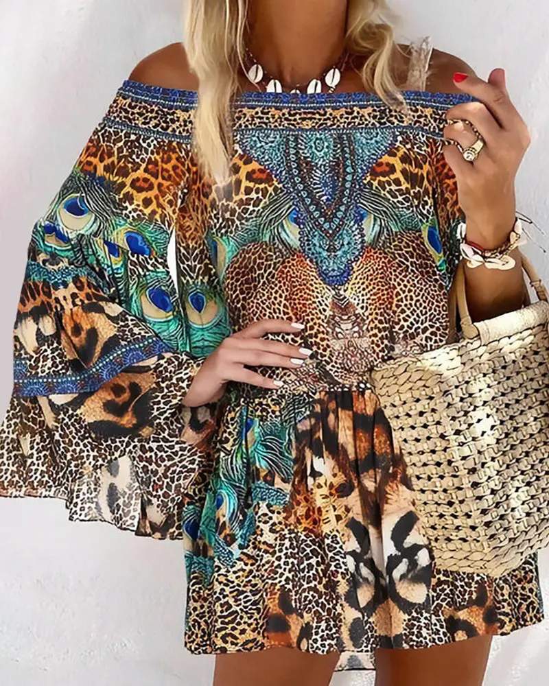 OFF SHOULDER ANIMAL LEOPARD PRINT LONG SLEEVE DRESS