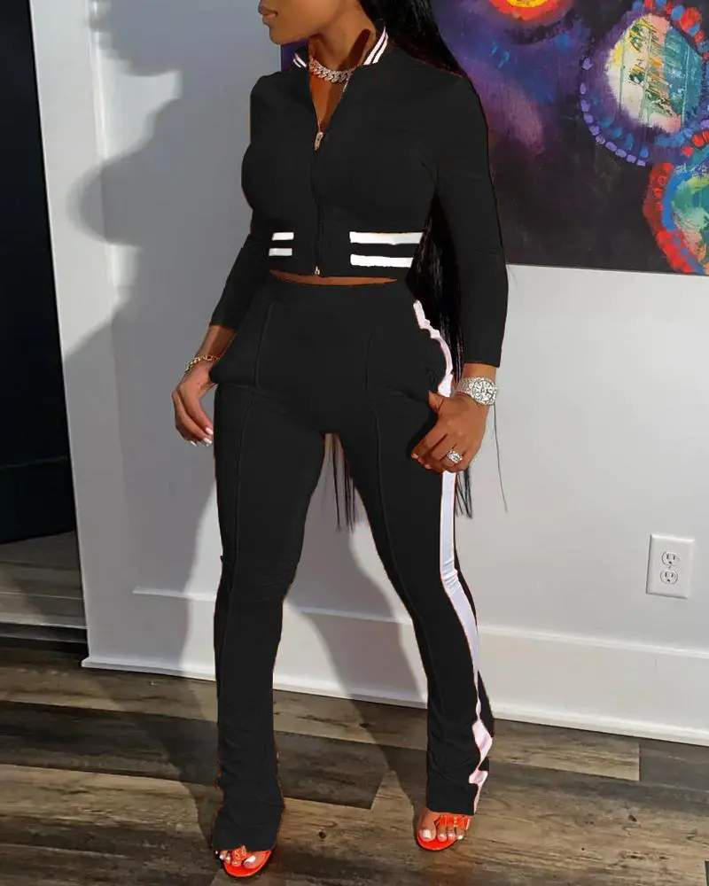 CONTRAST PANELED ZIP UP BOMBER JACKET PANTS SET